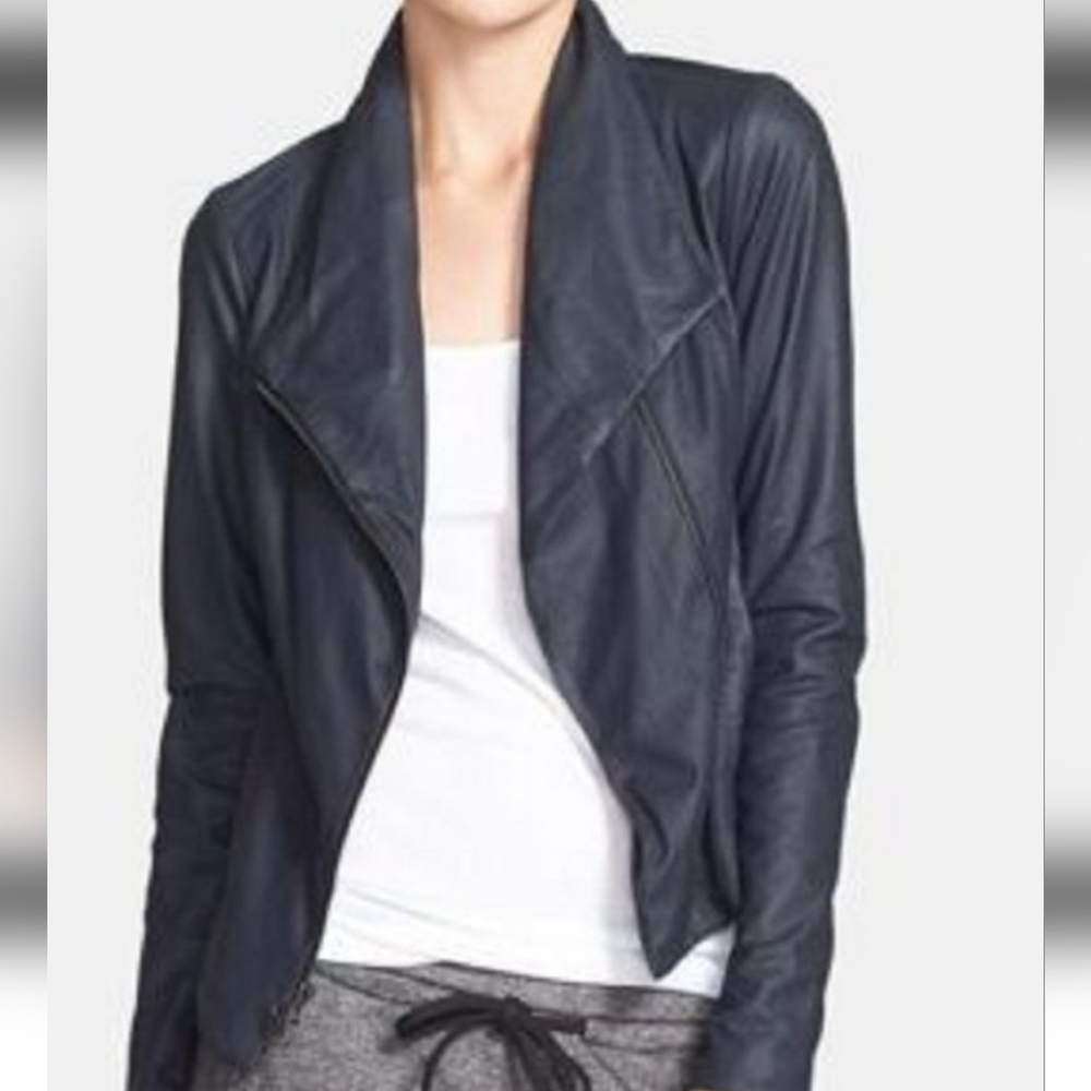 VINCE Two-Tone Navy & Black Paper Leather Drape Neck Jacket Size L